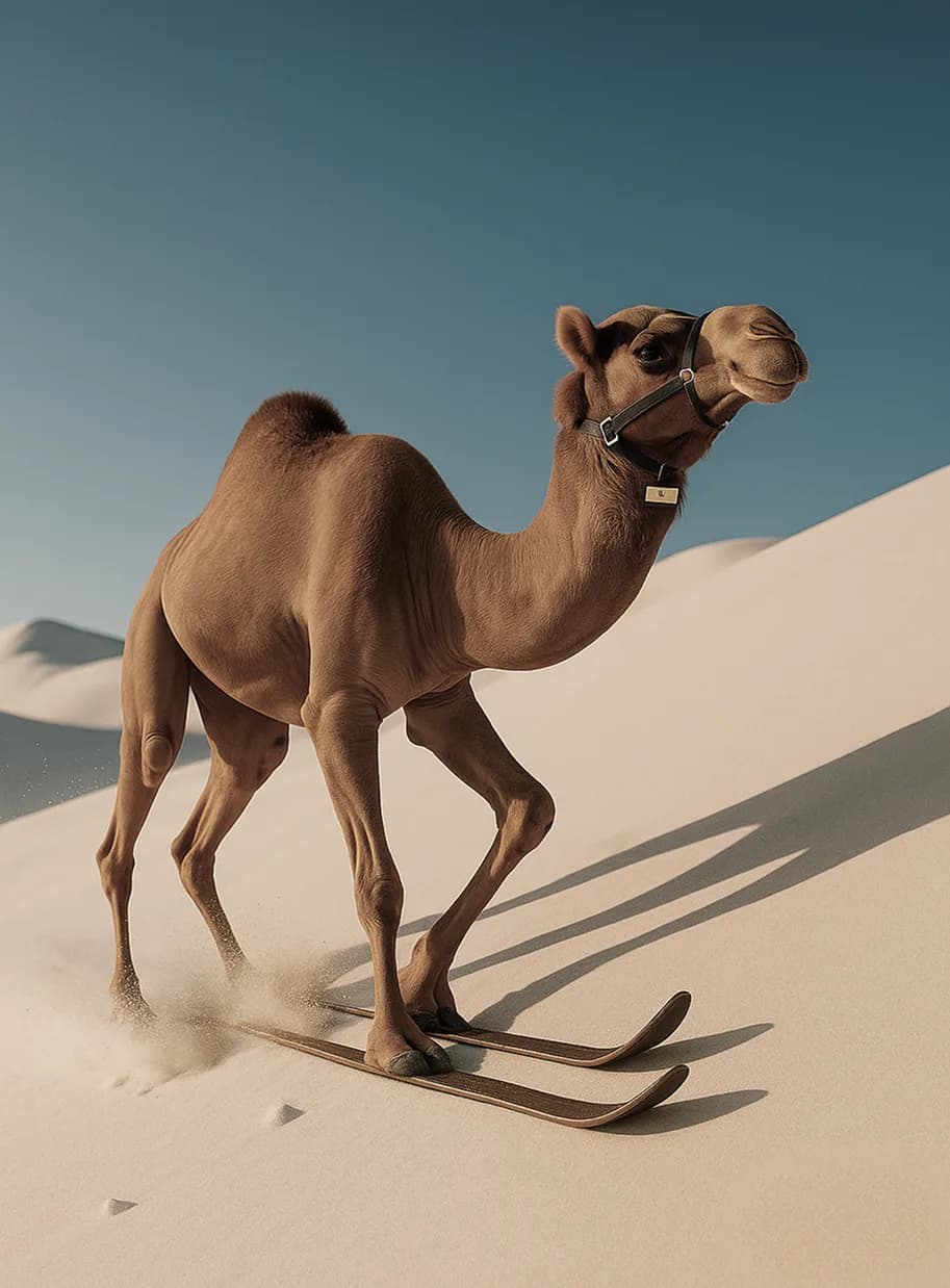 Camel skiing on sand dunes